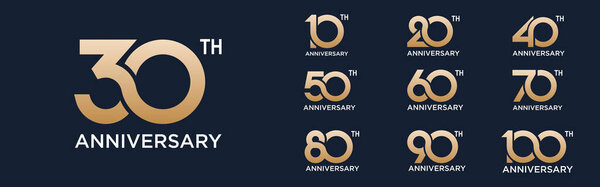 collection of 10 to 100th anniversary logotype design, with golden color for celebration event, wedding, greeting card, and invitation, vector illustration