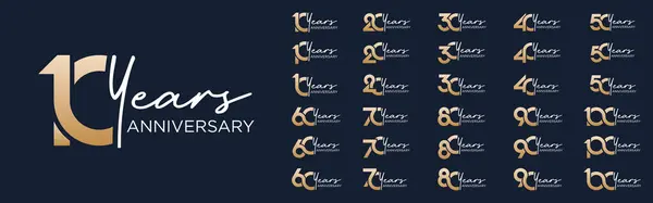 10. ve 100. yıl dönümü logoti tasarımı koleksiyonu. Kutlama etkinliği, düğün, tebrik kartı ve davetiye için altın renkli.
