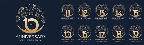 Kutlama, düğün, doğum günü ve vektör illüstrasyonları için altın havai fişekler içeren 10. ve 19. yıl dönümü logoti tasarımı.