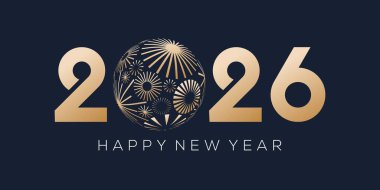 2026 Mutlu Yeni Yıl logosu tasarım vektörü. Altın havai fişekler ve modaya uygun yeni yıl 2026 tasarım şablonu.