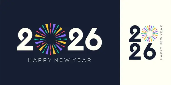 2026 Mutlu Yeni Yıl logosu tasarım vektörü. Renkli havai fişekler ve modaya uygun yeni yıl 2026 tasarım şablonu.