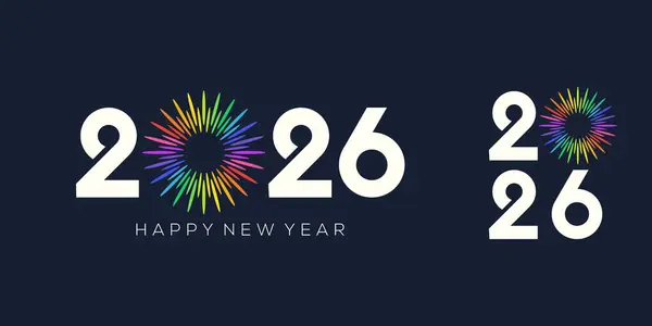 2026 Mutlu Yeni Yıl logosu tasarım vektörü. Renkli havai fişekler ve modaya uygun yeni yıl 2026 tasarım şablonu.