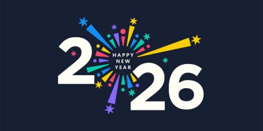 2026 Mutlu Yeni Yıl logosu tasarım vektörü. Renkli havai fişekler ve modaya uygun yeni yıl 2026 tasarım şablonu.