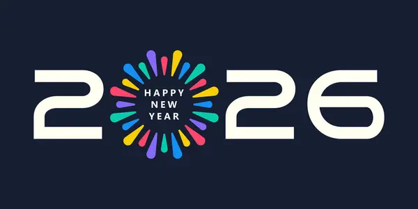 2026 Mutlu Yeni Yıl logosu tasarım vektörü. Renkli havai fişekler ve modaya uygun yeni yıl 2026 tasarım şablonu.