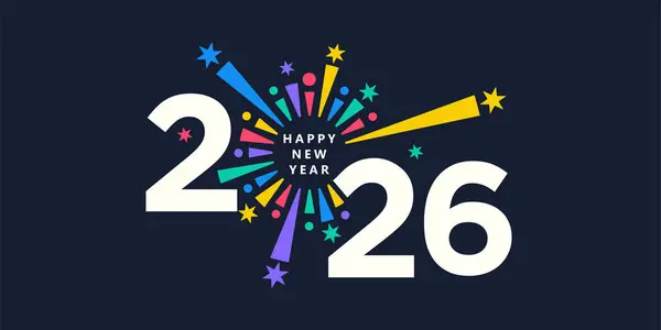 2026 Mutlu Yeni Yıl logosu tasarım vektörü. Renkli havai fişekler ve modaya uygun yeni yıl 2026 tasarım şablonu.