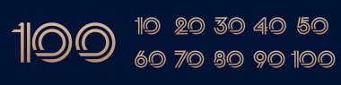 10. yıl dönümü ve 100. yıl dönümü logo tasarımları. Kutlama etkinliği, düğün, tebrik kartı ve davetiye için soyut numara, vektör illüstrasyonu