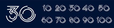 10. yıl dönümü ve 100. yıl dönümü logo tasarımları. Kutlama etkinliği, düğün, tebrik kartı ve davetiye için soyut numara, vektör illüstrasyonu