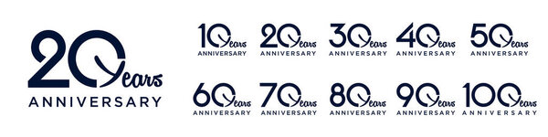 collection anniversary 10 to 100 year logo designs. abstract number for celebration event, wedding, greeting card, and invitation, vector illustration