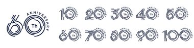 10. yıl dönümü ve 100. yıl dönümü logo tasarımları. Kutlama etkinliği, düğün, tebrik kartı ve davetiye için soyut numara, vektör illüstrasyonu