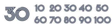 10. yıl dönümü ve 100. yıl dönümü logo tasarımları. Kutlama etkinliği, düğün, tebrik kartı ve davetiye için soyut numara, vektör illüstrasyonu