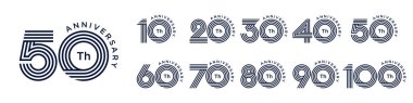 10. yıl dönümü ve 100. yıl dönümü logo tasarımları. Kutlama etkinliği, düğün, tebrik kartı ve davetiye için soyut numara, vektör illüstrasyonu