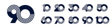 10. yıl dönümü ve 100. yıl dönümü logo tasarımları. Kutlama etkinliği, düğün, tebrik kartı ve davetiye için soyut numara, vektör illüstrasyonu