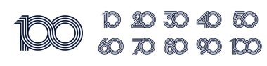 10. yıl dönümü ve 100. yıl dönümü logo tasarımları. Kutlama etkinliği, düğün, tebrik kartı ve davetiye için soyut numara, vektör illüstrasyonu