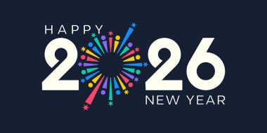 2026 Mutlu Yeni Yıl logosu tasarım vektörü. Renkli havai fişekler ve modaya uygun yeni yıl 2026 tasarım şablonu.