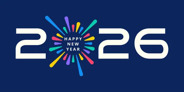 2026 Mutlu Yeni Yıl logosu tasarım vektörü. Renkli havai fişekler ve modaya uygun yeni yıl 2026 tasarım şablonu.