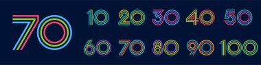 10. yıl dönümü ve 100. yıl dönümü logo tasarımları. Kutlama etkinliği, düğün, tebrik kartı ve davetiye için soyut numara, vektör illüstrasyonu