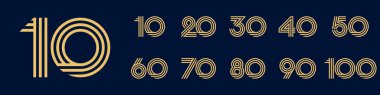 10. yıl dönümü ve 100. yıl dönümü logo tasarımları. Kutlama etkinliği, düğün, tebrik kartı ve davetiye için soyut numara, vektör illüstrasyonu