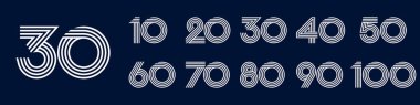 10. yıl dönümü ve 100. yıl dönümü logo tasarımları. Kutlama etkinliği, düğün, tebrik kartı ve davetiye için soyut numara, vektör illüstrasyonu