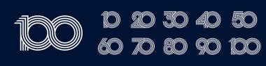10. yıl dönümü ve 100. yıl dönümü logo tasarımları. Kutlama etkinliği, düğün, tebrik kartı ve davetiye için soyut numara, vektör illüstrasyonu