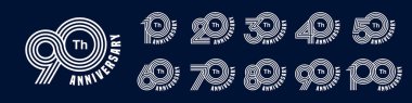 10. yıl dönümü ve 100. yıl dönümü logo tasarımları. Kutlama etkinliği, düğün, tebrik kartı ve davetiye için soyut numara, vektör illüstrasyonu
