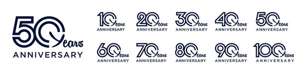 collection anniversary 10 to 100 year logo designs. abstract number for celebration event, wedding, greeting card, and invitation, vector illustration