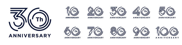 collection anniversary 10 to 100 year logo designs. abstract number for celebration event, wedding, greeting card, and invitation, vector illustration