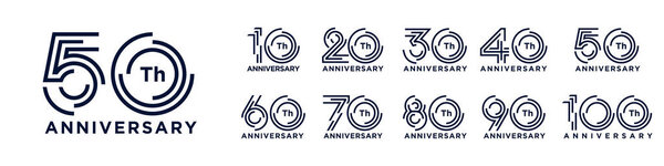 collection anniversary 10 to 100 year logo designs. abstract number for celebration event, wedding, greeting card, and invitation, vector illustration