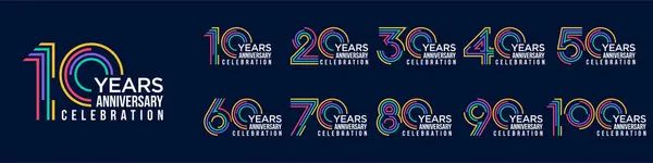 10. yıl dönümü ve 100. yıl dönümü logo tasarımları. Kutlama etkinliği, düğün, tebrik kartı ve davetiye için soyut numara, vektör illüstrasyonu