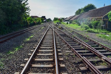 Railroad junction with track switches. Track field with track switch