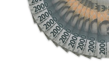 Indonesian rupiah banknotes series with the value of 2000 rupiah. IDR 2000 issue 2016, Indonesian rupiah for background. Top view, Copy space