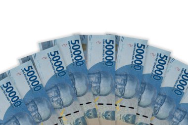 Indonesian rupiah banknotes series with the value of 50000 rupiah. IDR 50.000 issue 2016, Indonesian rupiah for background. Top view, Copy space