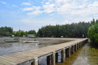 Perspective view of wooden pier on the beach. Little bridge over the water