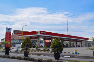 Pasuruan, 26 October 2022 - Pertamina refueling station building, gas station in the morning. PERTAMINA, largest producer and exporter of Liquefied Natural Gas (LNG).