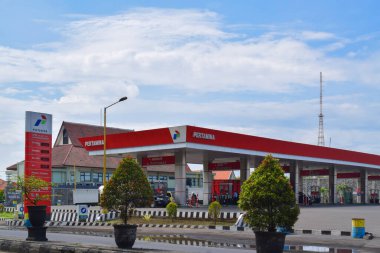 Pasuruan, 26 October 2022 - Pertamina refueling station building, gas station in the morning. PERTAMINA, largest producer and exporter of Liquefied Natural Gas (LNG).