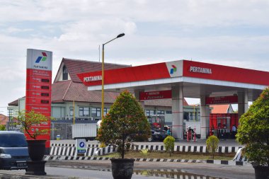 Pasuruan, 26 October 2022 - Pertamina refueling station building, gas station in the morning. PERTAMINA, largest producer and exporter of Liquefied Natural Gas (LNG).