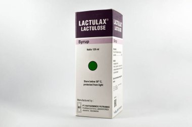 Pasuruan - November 15, 2022 : Lactulax lactulose syrup. Lactulax brand is a maker of lactulose products. Medicine to treat constipation or difficult bowel movements