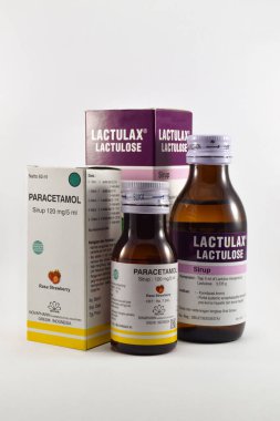 Pasuruan - November 15, 2022 : Paracetamol and Lactulose syrup. To treat pain, fever, flu and cough symptoms, and medicine for sleeping. Medication to treat constipation or difficult bowel movements