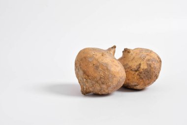 Taze çiğ Jicama veya bengkuang (pachyrhizus erosus) meyveli sebze gıdaları organik tarım sağlıklıdır. Beyaz arkaplanda izole