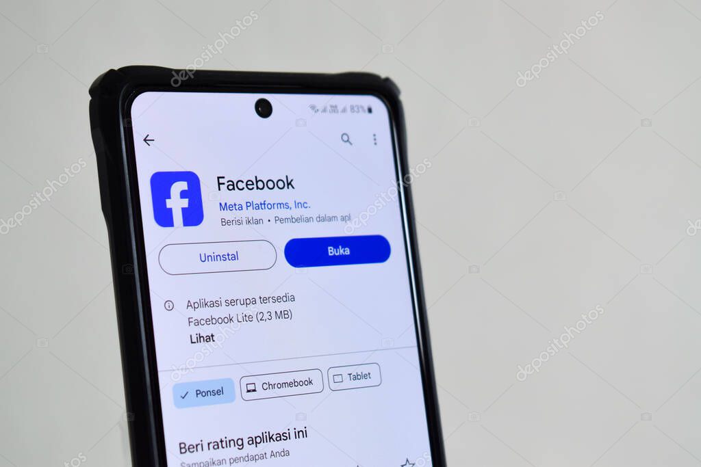 Pasuruan, Indonesia - June 08, 2024 : Display of the Facebook application on Google Playstore. Smartphone application in Google playstore isolated on white background