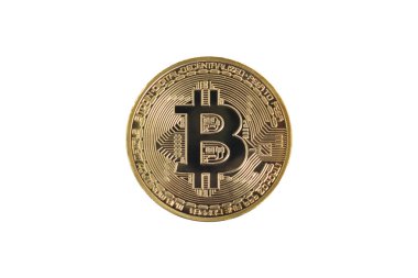 Bitcoin beyaz arka planda izole edilmiş. Kripto para birimi. Altın bitcoin maddi altın sikke. Kripto para biriminin sembolü