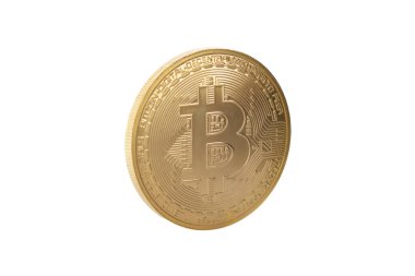 Bitcoin beyaz arka planda izole edilmiş. Kripto para birimi. Altın bitcoin maddi altın sikke. Kripto para biriminin sembolü