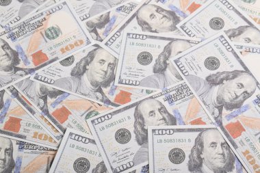 Amerikan dolarlarının geçmişi. Üst Manzara. Amerikan antika parası, yüz dolarlık banknotlar. Doku Amerikan doları