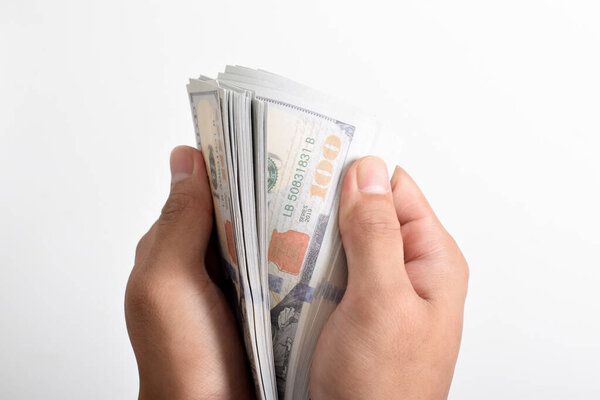 Close-up Hands counting money American dollars , Man hand counting one hundred American money or 100 USD, Concept of finance, business, income