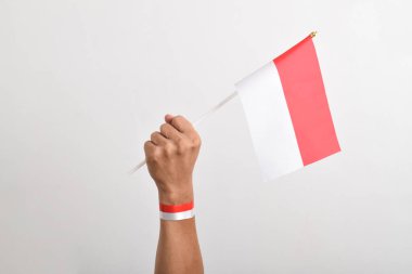 Beyaz arka planda izole edilmiş bir Endonezya bayrağını tutan insan eli. Endonezya 'nın bağımsızlık günü. Ulusal Bayram Günü ve mutlu kutlamalar.