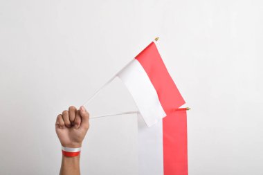 Beyaz arka planda izole edilmiş bir Endonezya bayrağını tutan insan eli. Endonezya 'nın bağımsızlık günü. Ulusal Bayram Günü ve mutlu kutlamalar.