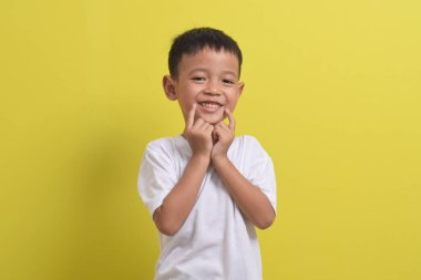 Asyalı bir çocuğun sarı arka planda mutlu bir şekilde gülümsemesi. Asyalı bir çocuğun portresi