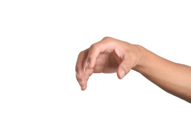 Erkek eli beyaz arka planda izole edilmiş bir şeye ulaşmaya çalışır, kırpma yolu