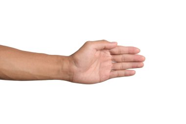 El sıkışan adam beyaz arka planda izole edilmiş. Erkek el sıkışmaya hazır.