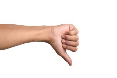 Erkek elleri, beyaz arka planda izole edilmiş hoşlanmadığı davranışlar sergiliyor. Sevmeme anlayışı, sevmeme, başarısızlık.