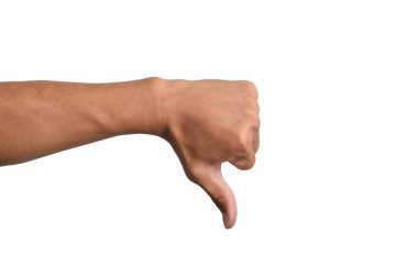 Erkek elleri, beyaz arka planda izole edilmiş hoşlanmadığı davranışlar sergiliyor. Sevmeme anlayışı, sevmeme, başarısızlık.